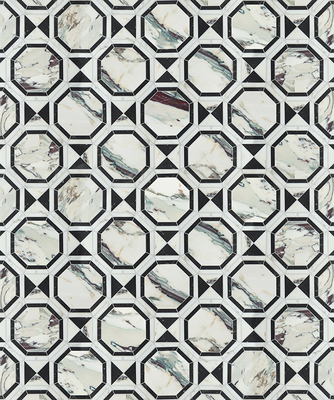 Mosaique Surface Dominion black and white marble tiles with brass inlay