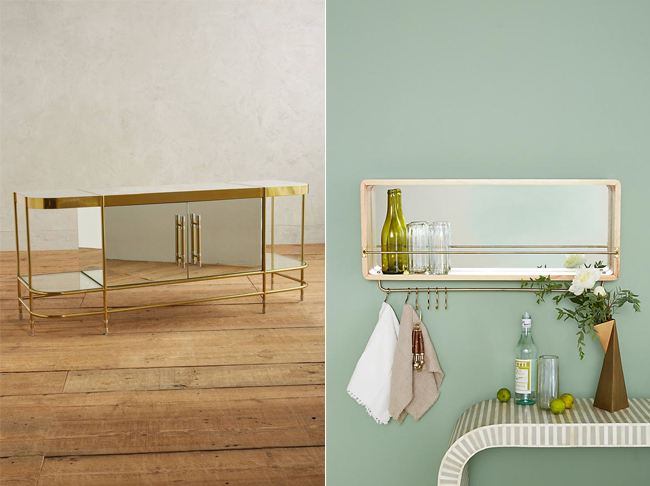 Gold and mirror console and mirrored shelf