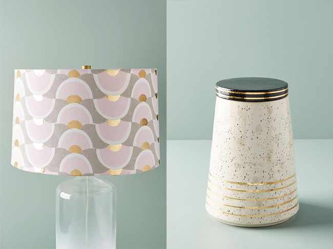 lamp shade and white and gold canister from Anthropologie