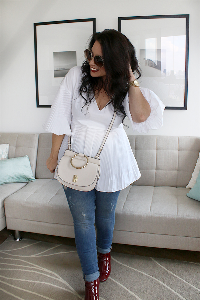 White River Island top with bell sleeves and long peplum and Mango crossbody bag. I'm talking about life as a curvy fashion blogger.