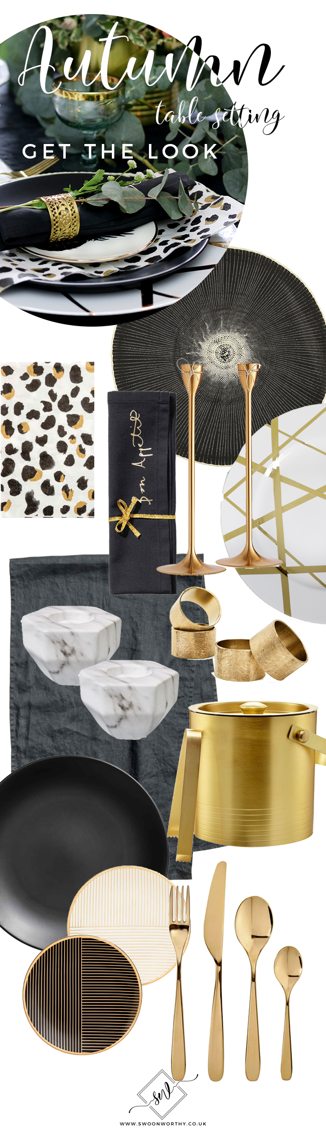 Get the look of my Autumn tablescape with Black White and Gold accessories.