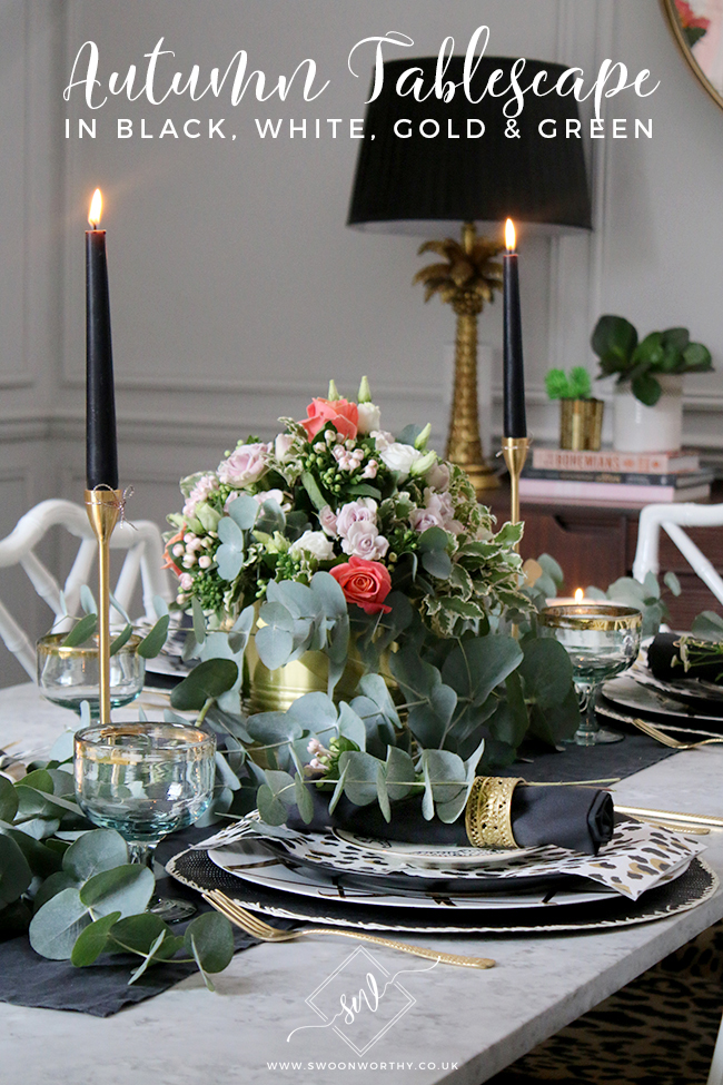 I love any opportunity to create a good table setting! Take a look at my black, white, gold and green Autumn tablescape featuring Venus flowers.