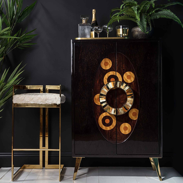 Wood inlay bar cabinet with gold bar stool