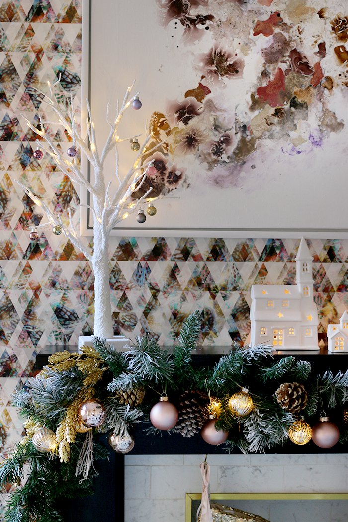 Christmas dining room mantle with LED tree and ceramic houses