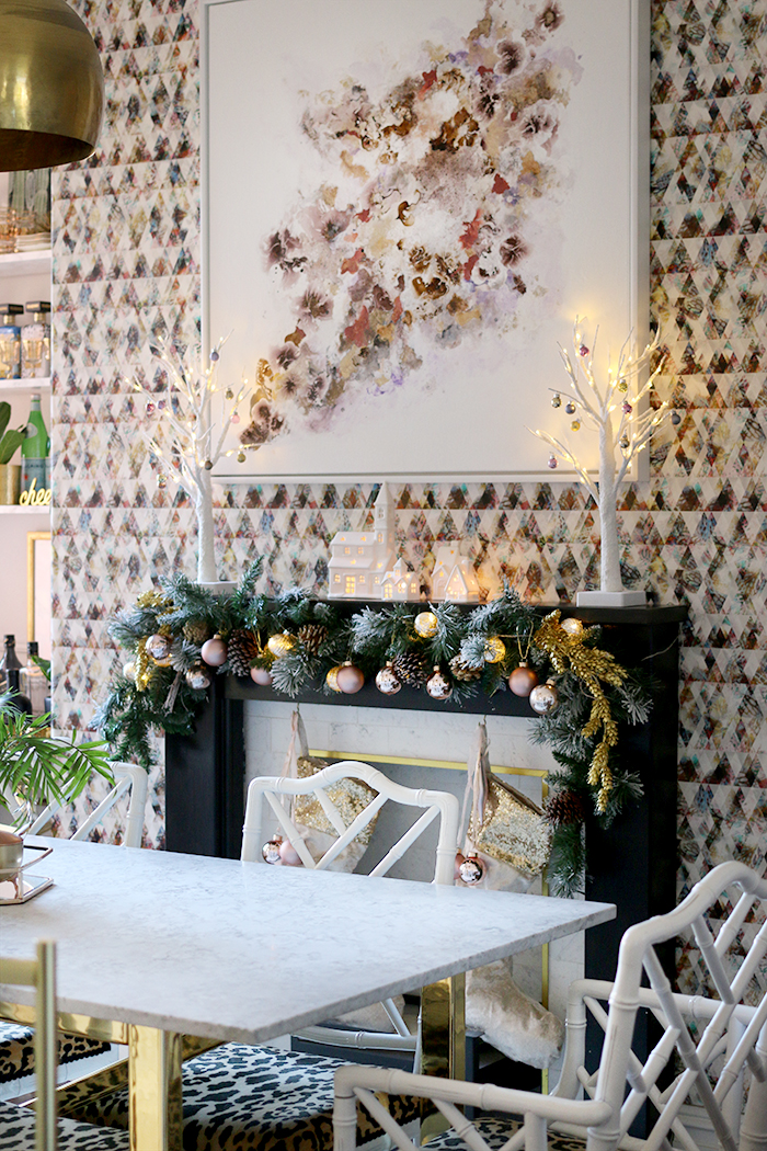 Christmas dining room in pink and gold