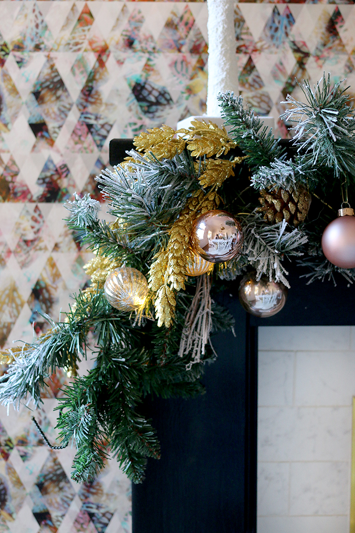 Christmas dining room mantle in pink and gold