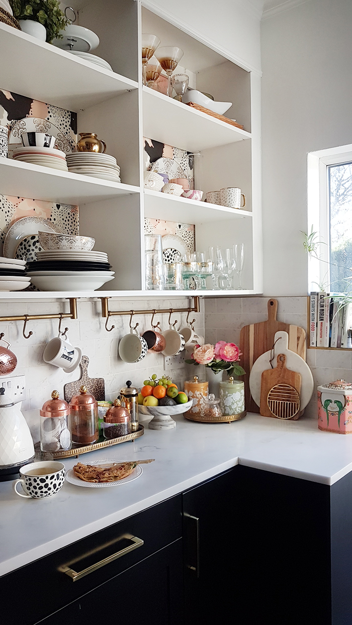 black and white and gold boho glam kitchen