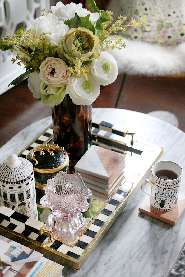 coffee table styling with black and white tray