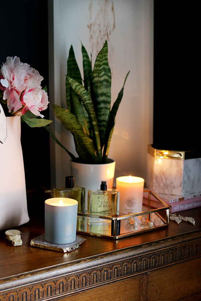 vignette with candles and tray and plants on chest of drawers